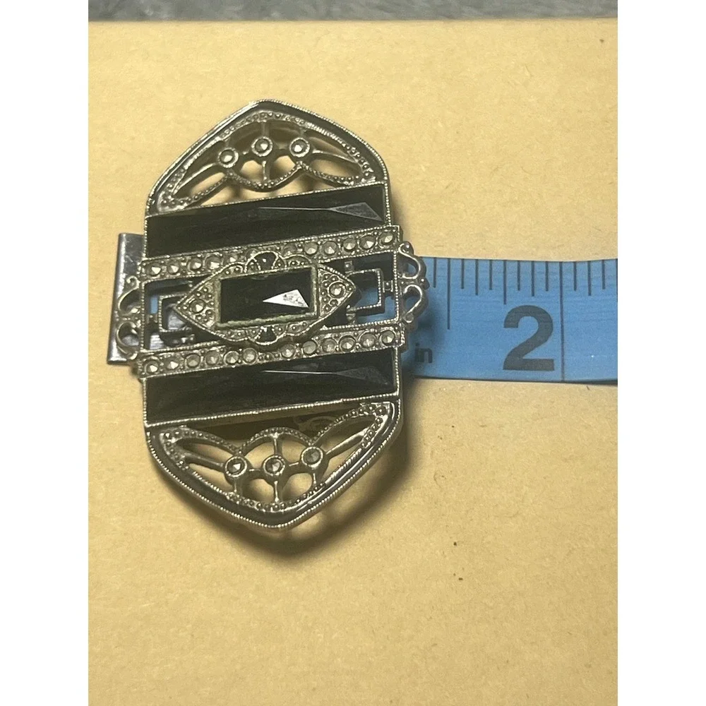 Vintage Art Deco Black Glass Marcasite Style Brooch Pin Silver Tone 2 Inch